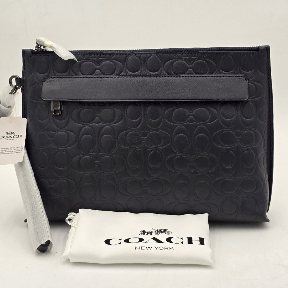 🔥NWT🔥Coach Signature Embossed Carryall Poutch W/ Wristlet Strap, Navy